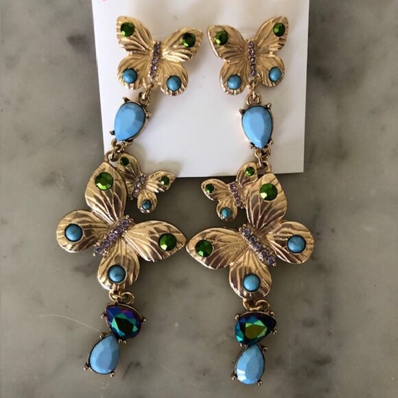 BETSEY JOHNSON Butterfly Rhinestone Gold Tone Blue Green Dangle Post Ear… - Picture 9 of 14
